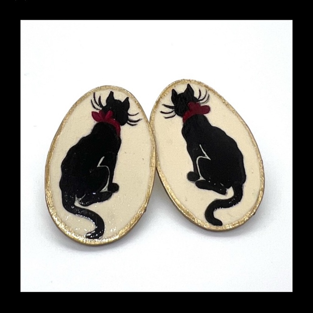 Handmade OOAK Vintage Kawaii 90’s Handpainted Cat Statement Earrings